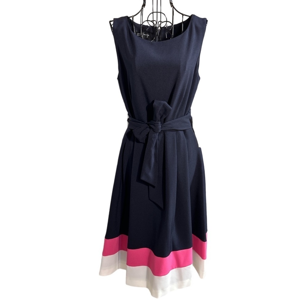 Jones New York Sleeveless Tri-Color Stretch Crepe Dress Tie Navy Size 6 NEW NWT